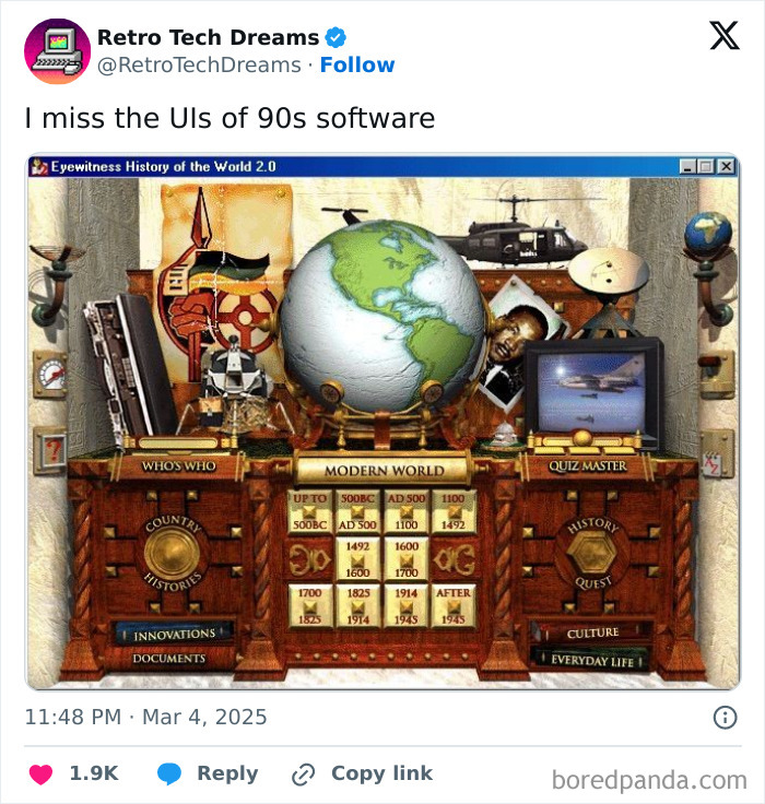 Retro tech user interface from 90s software, featuring a vintage world map and navigation options.