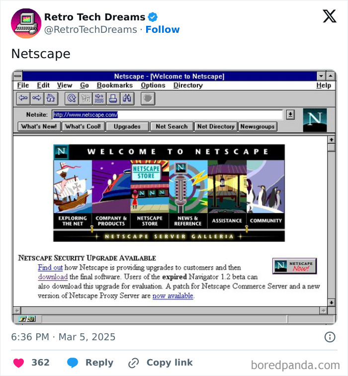 Retro tech: A classic Netscape browser window showcasing early internet interface and navigation options.