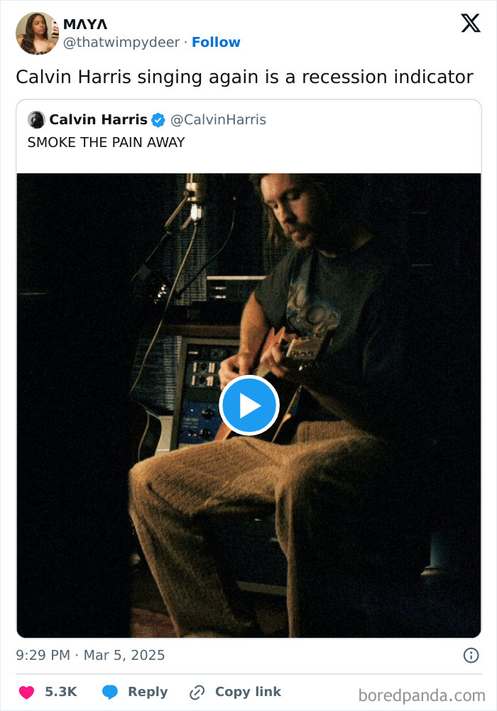 Musician playing guitar, suggested as a funny recession indicator.