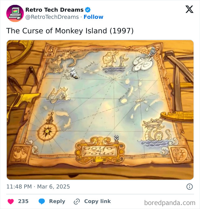 Vintage gaming map from "The Curse of Monkey Island" (1997) showcasing retro tech design.