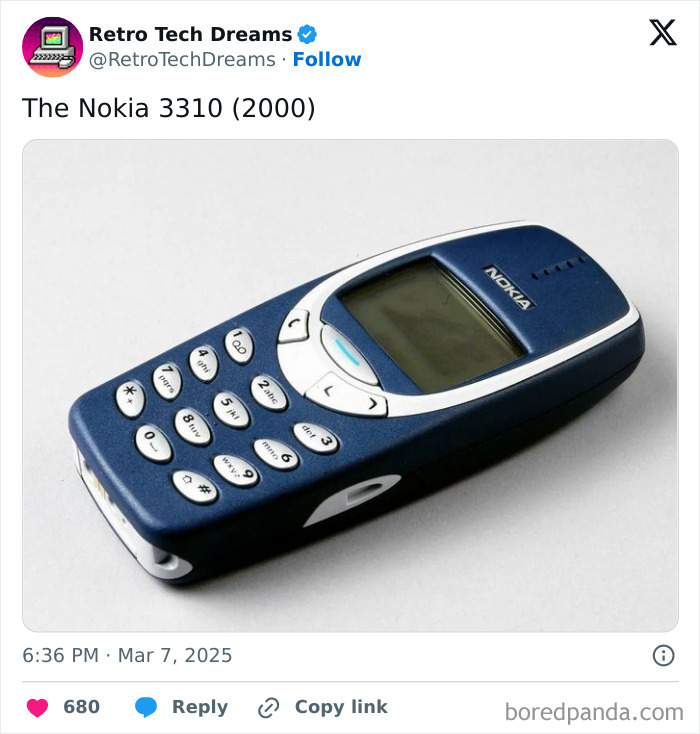 Retro technology: A classic Nokia 3310 phone from 2000, showcasing its iconic design and keypad layout.