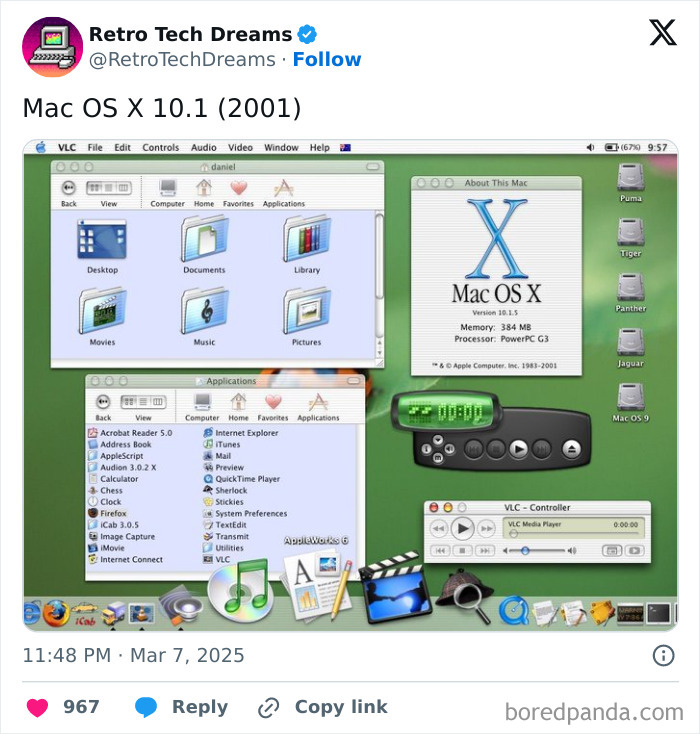 Mac OS X 10.1 desktop interface from 2001 showcasing retro technology icons and applications.