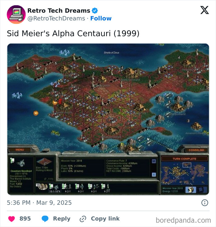 Screenshot of "Sid Meier's Alpha Centauri" game interface from 1999 showing a detailed map and menu, evoking retro tech nostalgia.