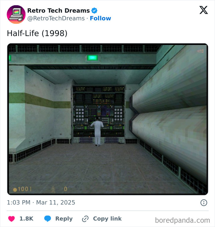 A scientist in a retro tech environment from the game Half-Life, 1998, in front of a control panel.