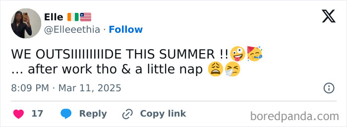 Relatable meme about summer plans and needing a nap after work, featuring emojis.