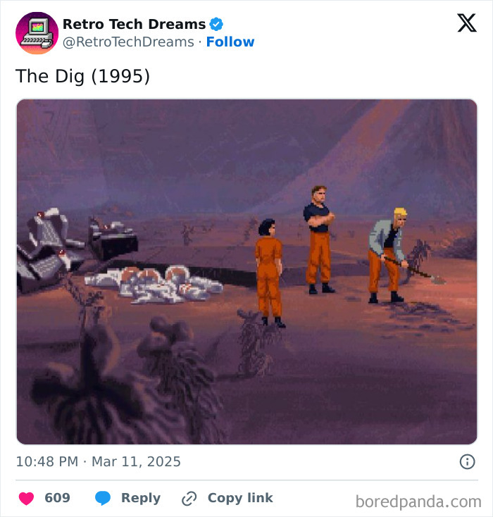 Pixelated characters in a 1995 retro tech adventure game, "The Dig," explore an alien landscape.