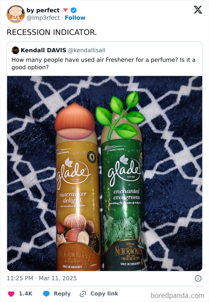 Air fresheners used as perfume, highlighting recession indicators in a humorous tweet.