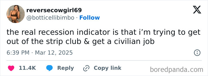 Tweet humorously highlights a recession indicator by mentioning a job change from a strip club to a civilian role.