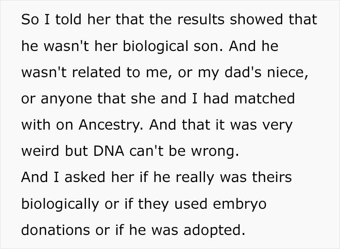 Text about surprising DNA results discussing biological relationships and potential adoption or embryo donation.