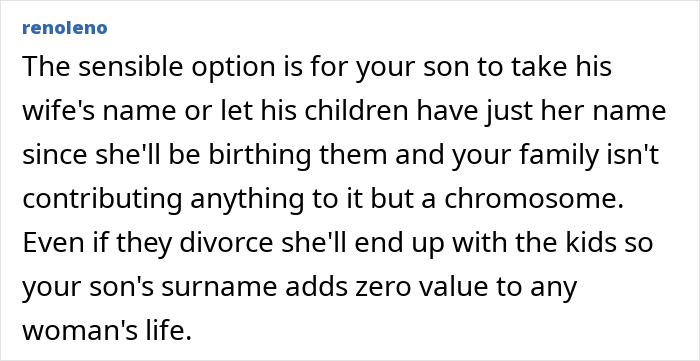 Text comment criticizing a mom upset about her son's hyphenated last name after marriage. Text comment criticizing a mom upset about her son's hyphenated last name after marriage.