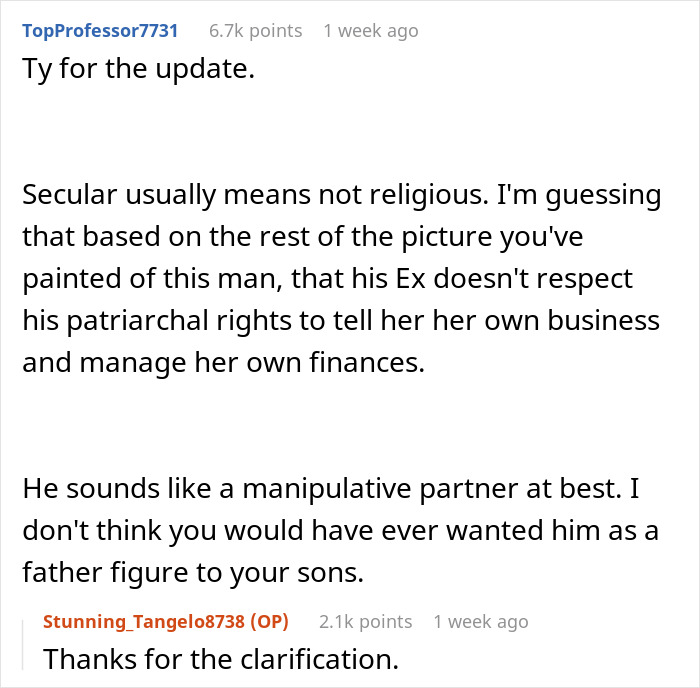 Online comments about a woman breaking up with her boyfriend over concerns about his daughter's inheritance.