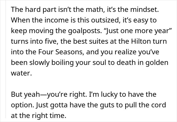 Text about income mindset challenges and feeling trapped in luxury without doing much work.