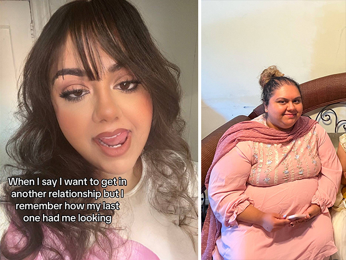 Two women sharing how they look single versus in a relationship, one posing with makeup and one casually dressed with a smile.