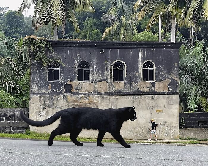 Giant black cat edited into street scene, dwarfing a person and building behind it, creating a surreal world.