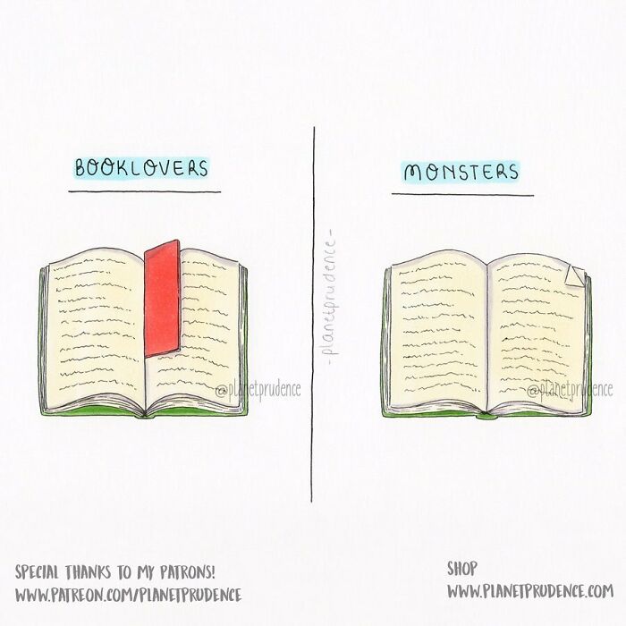 Comic illustrating booklover vs. monster habits with bookmarks.