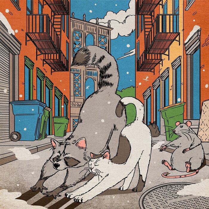 Vibrant illustration by María Jesús Contreras of a raccoon, cat, and rats in an alley with colorful buildings.