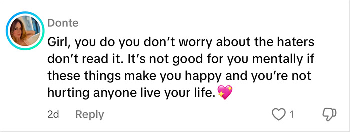 Social media comment about cosmetic surgeries with supportive message.