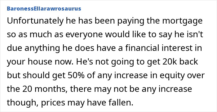 Text from a message discussing a financial interest in a house after a 7-year relationship ends, mentioning equity and mortgage payments.