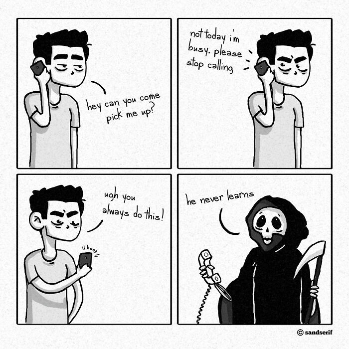 Comic strip showing a man ignoring calls with a dark twist featuring the Grim Reaper in a funny comic style.