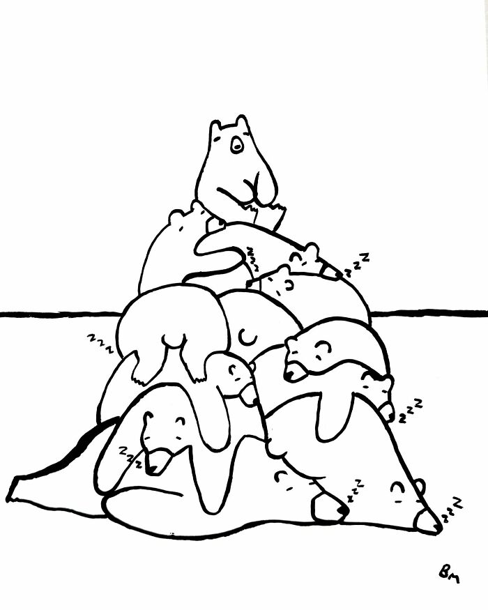 Cartoon bears sleeping in a pile, illustrating a humorous scene by artist Billy Murphy.
