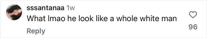 Comment questioning Dwayne Johnson's appearance with humor, noting he seems like a different race, with 96 likes.