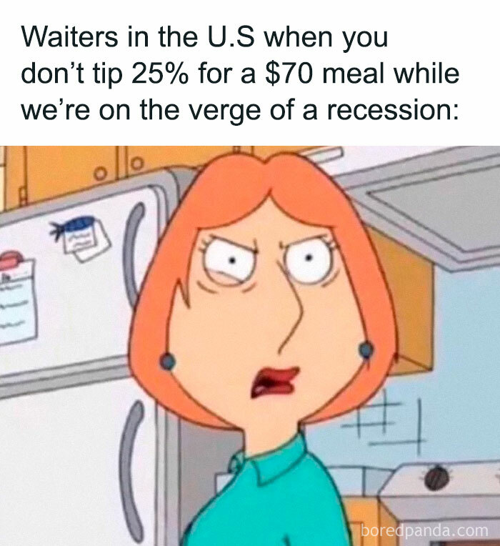 Animated character with a surprised expression, illustrating funny memes about tipping in the U.S.