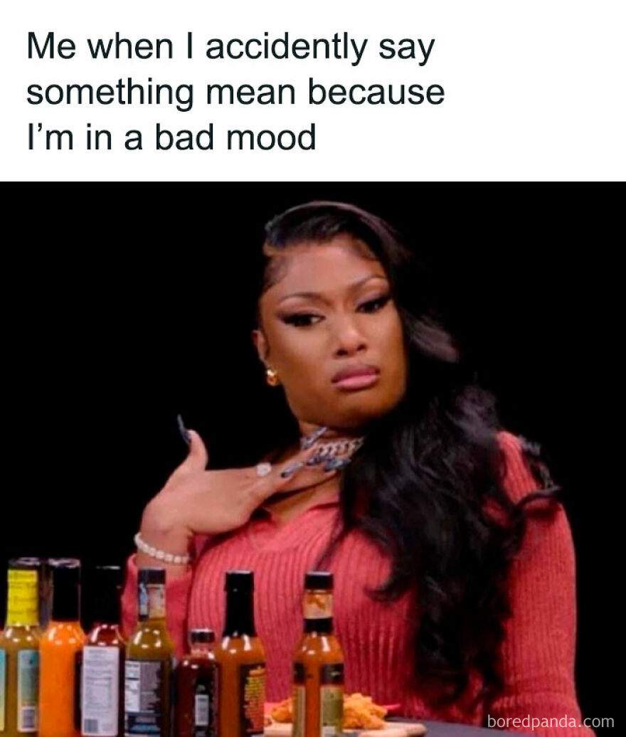 Woman in red looks shocked, surrounded by hot sauces, with a meme about accidentally being mean.