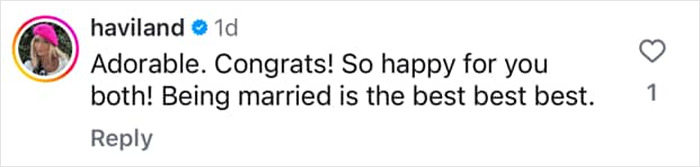 Comment on post celebrating Kristen Stewart and Dylan Meyer's wedding, expressing joy and congratulations.