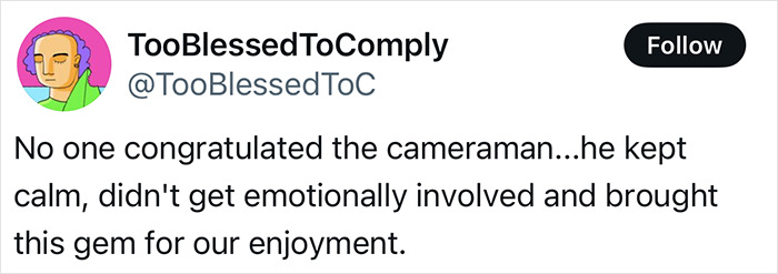 Tweet text on white background stating no one congratulated the calm cameraman who captured the Karen storming cockpit incident.