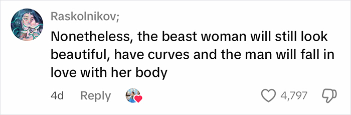 Comment highlighting beauty standards in fairy tales focusing on human female and male beast roles.