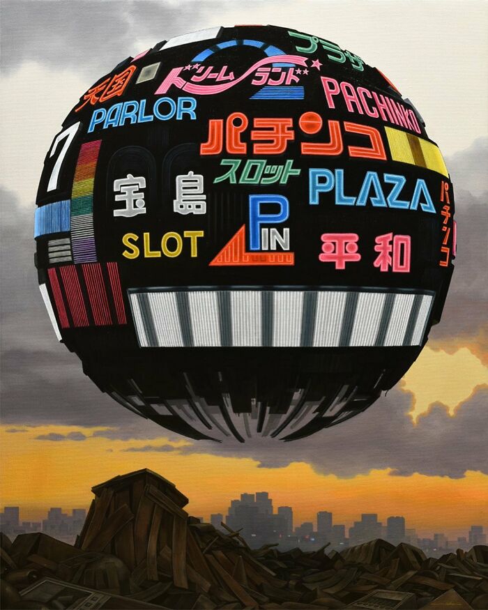Surreal floating sphere covered in neon signs hovers over a post-apocalyptic urban cityscape at sunset.