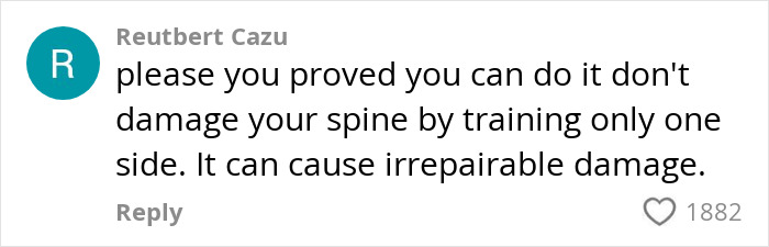 Comment warning about spine damage for "The Crooked Man" viral for training one side of body, with 1882 likes.