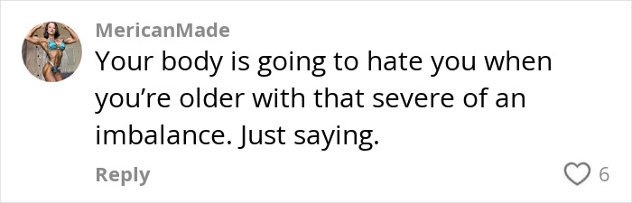 Comment criticizing fitness imbalance of 19-year-old viral for working out one side, by user MericanMade.