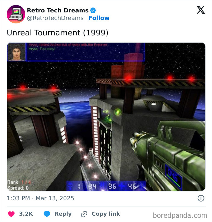 Unreal Tournament 1999 gameplay screenshot with futuristic cityscape, featuring nostalgic retro technology vibes.