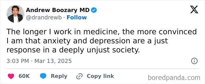 Tweet criticizing capitalism, linking anxiety and depression to societal injustice by a medical professional.