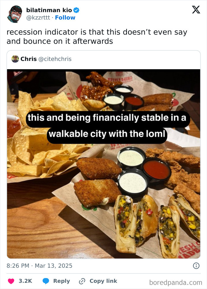 Recession indicator meme showing a variety of appetizers including chips, wings, and sauces on a table.