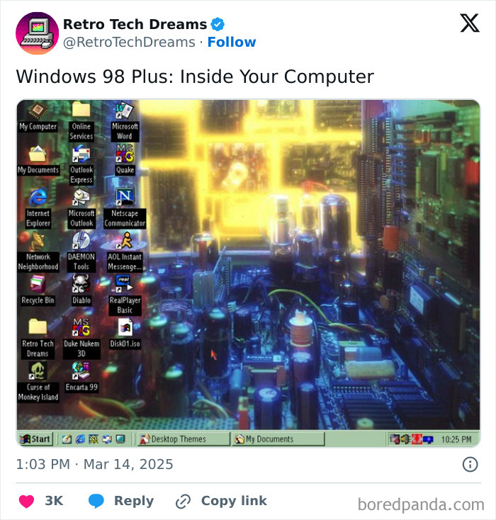Retro tech Windows 98 desktop interface displayed over a glowing computer motherboard.