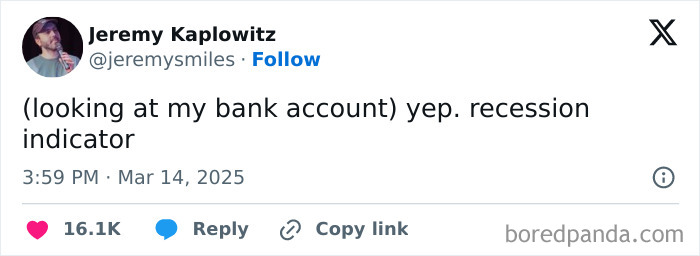 Tweet screenshot about recession indicators with a humorous tone regarding bank account balance.