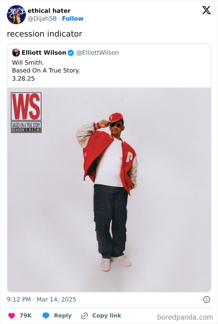 Man in red jacket and hat posing, referenced as a funny recession indicator.