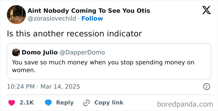 Twitter post joking about recession indicators, highlighting money-saving habits.