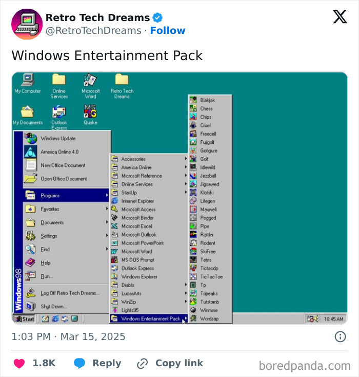 Retro tech screenshot of Windows 98 desktop showing the Windows Entertainment Pack with various nostalgic game options.