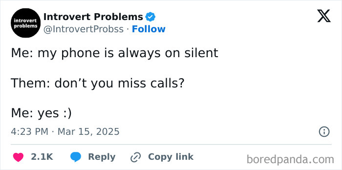 Tweet about introverts preferring phones on silent, humorously acknowledging missed calls.