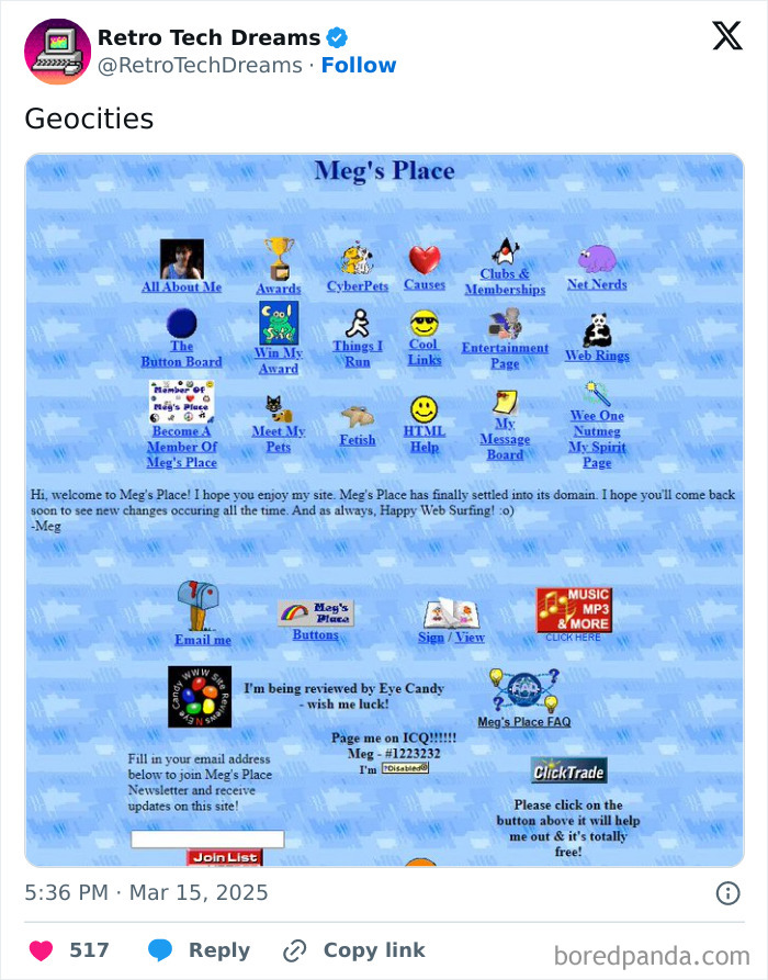 Retro tech site Meg's Place on Geocities with blue icons and nostalgic 90s web design elements.