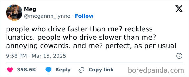 A humorous tweet humorously describes driving speed preferences.