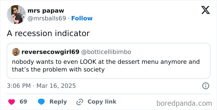 Tweet jokes about recession indicators, featuring humor on avoiding dessert menus.