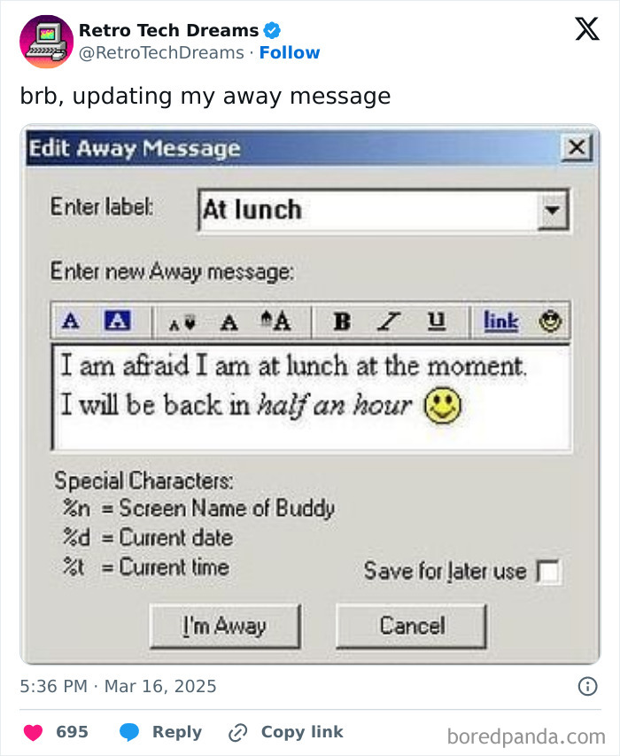 Retro technology chat window showing an away message update for "At lunch."