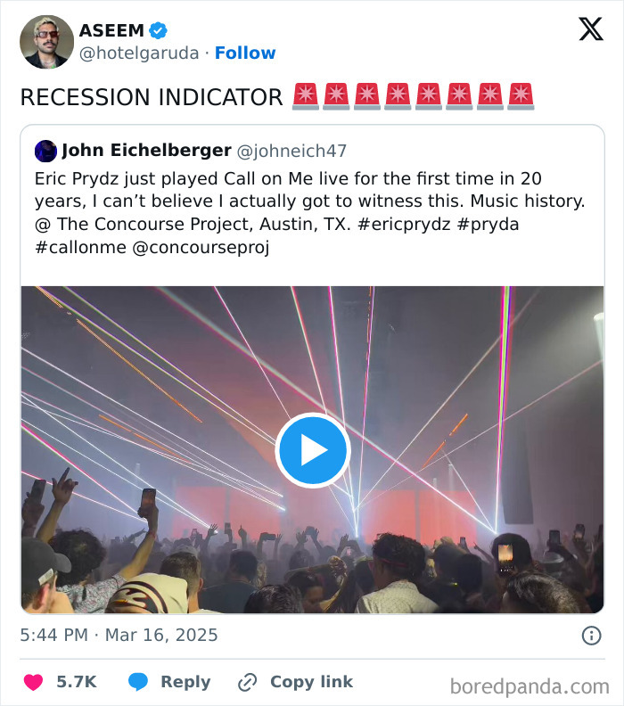 Concert crowd with lasers, tagged as a recession indicator tweet.