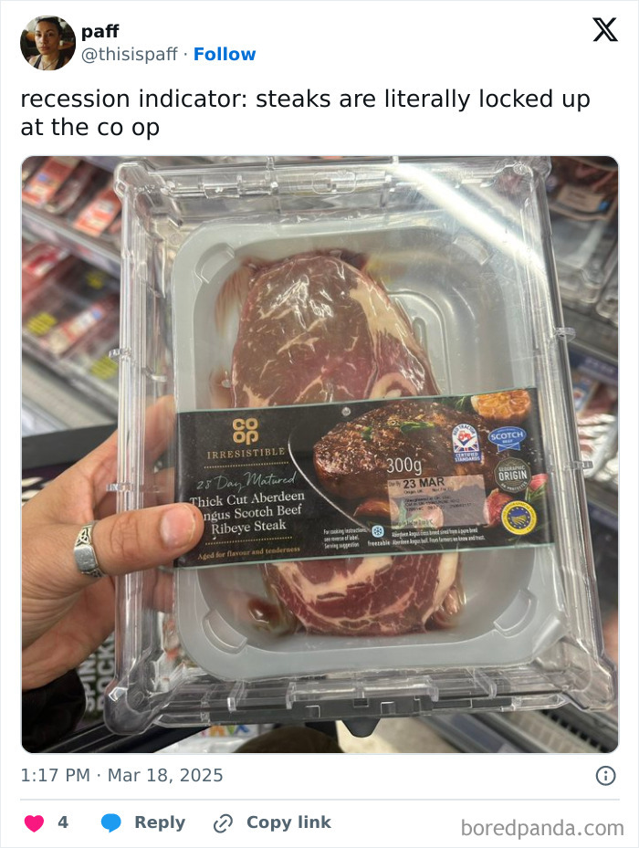 Steak secured in plastic box, highlighting recession indicators.