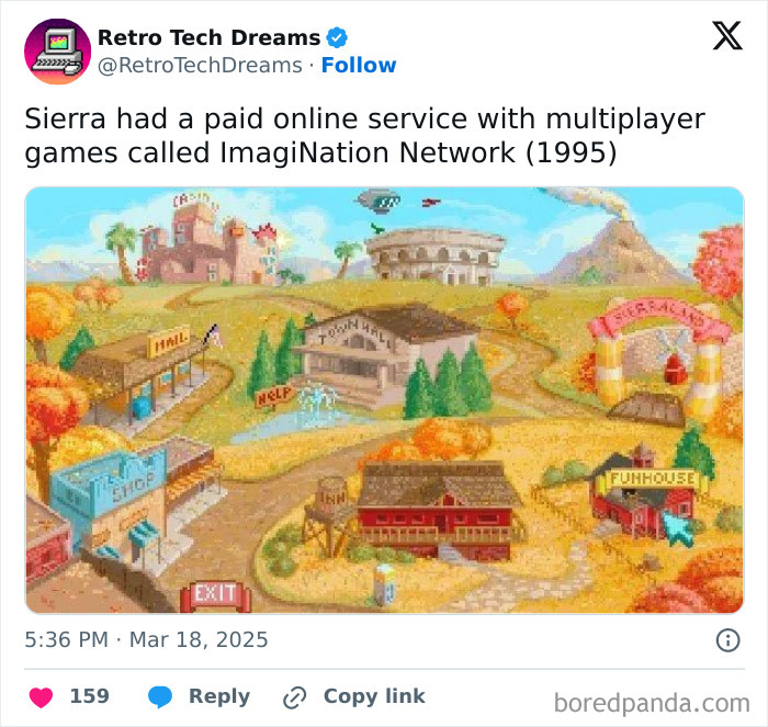 Pixel art of Sierra's 1995 ImagiNation Network, a retro tech online multiplayer game service with vibrant scenery.