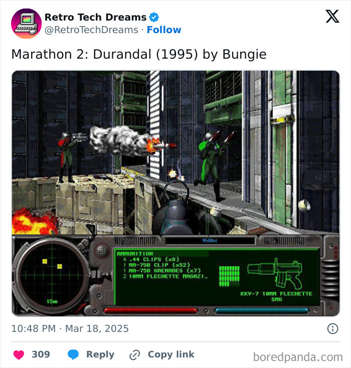 Retro tech gaming screenshot from Marathon 2: Durandal (1995) showing in-game graphics and interface.